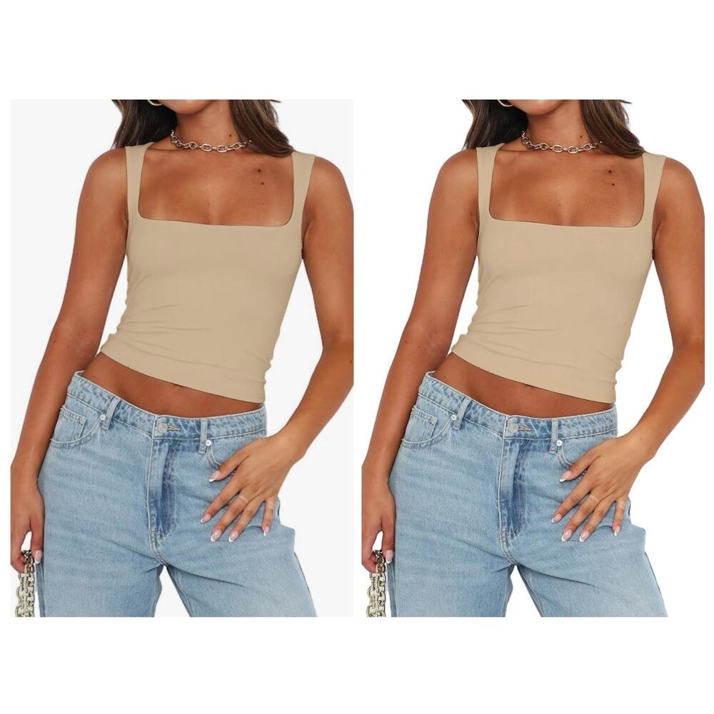Abardsion 2 Women’s L Sexy Crop Tops Square Neck Sleeveless Double Layer Tanks